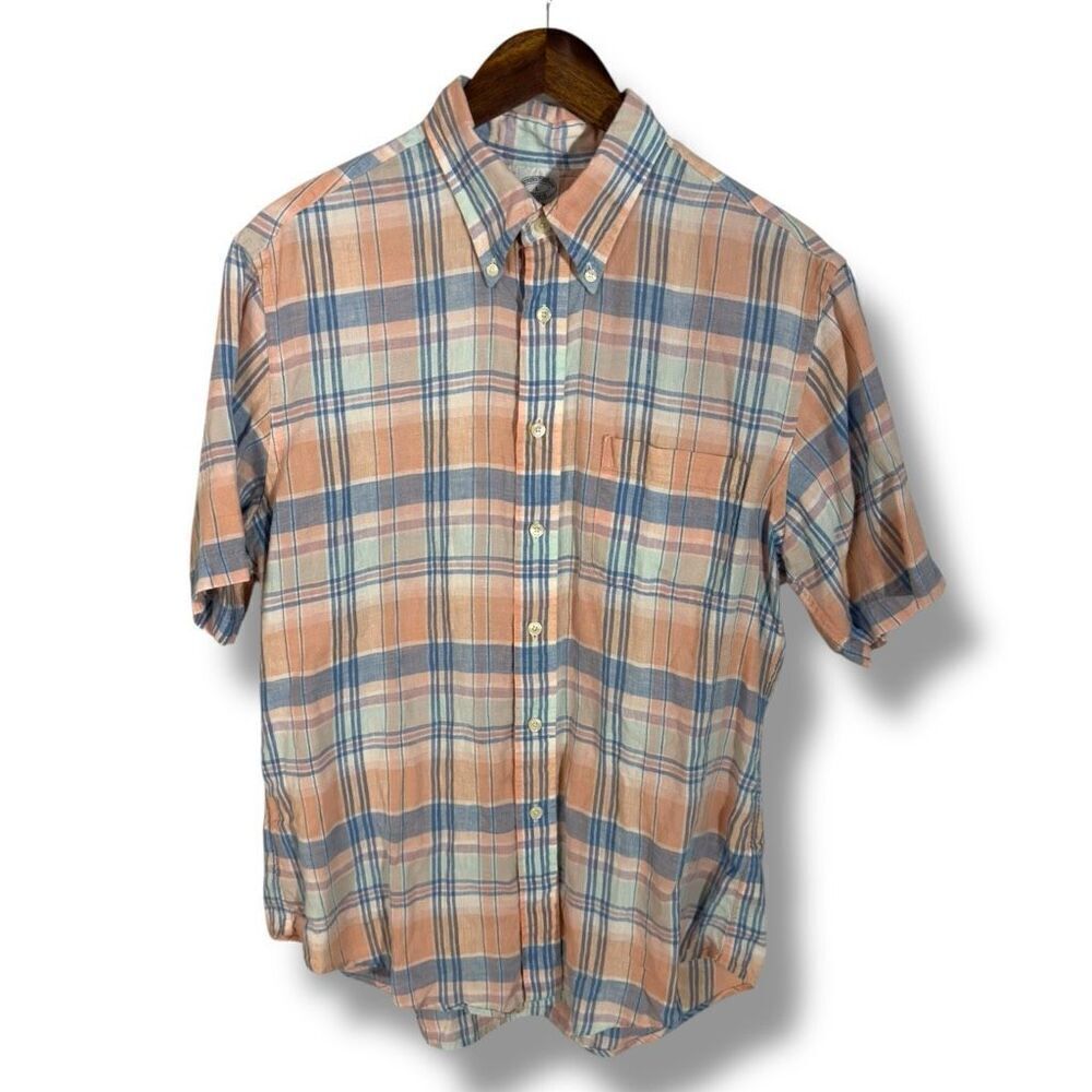 Brooks Brothers Orange & Blue 100% Linen Regent Fit Button Down Sz L